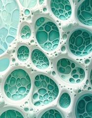 Abstract, 3D-rendered, organic, cellular, bubble-like, pattern of interlocking, teal and white shapes