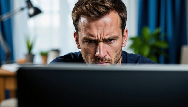 Man with furrowed brow intensely focused on computer screen - dedicated work and concentration