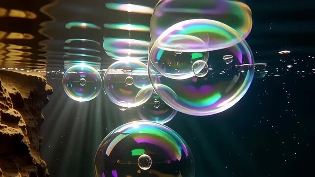 Dazzling iridescent soap bubbles float upwards with sunbeams piercing the dark blue water.