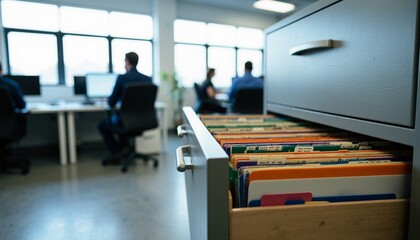 Open filing cabinet drawer with colorful folders in a busy, modern office environment - business organization and productivity