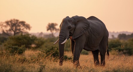 Obraz premium Ivory Tusks Amidst Golden Grass, Serene Twilight Landscape Gentle Giant Strolling.