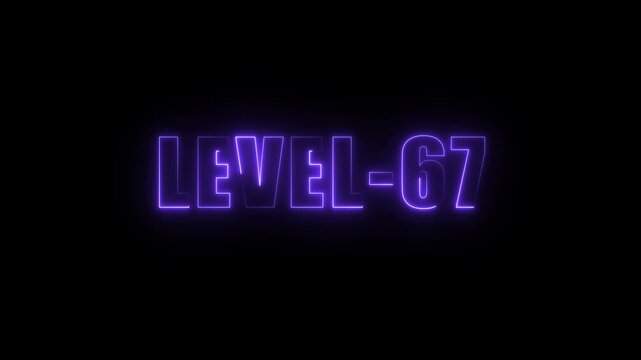 Level 67 neon text glowing purple on black background digital animation progress achievement