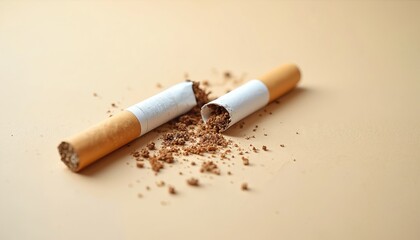 Broken cigarette on neutral beige background with scattered tobacco bits. Symbolizes quitting smoking, nicotine addiction recovery, and health awareness. Clean, crisp, minimal composition.