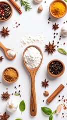 Overhead view of various spices and herbs. Wooden spoons and small bowls. White background