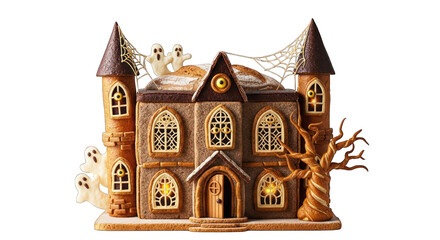 Spooky gingerbread haunted house on transparent background