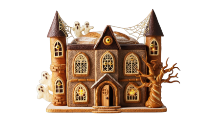 Spooky gingerbread haunted house on transparent background
