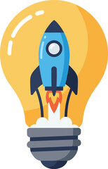 A lightbulb containing a rocket ship launching, symbolizing innovation and new ideas.