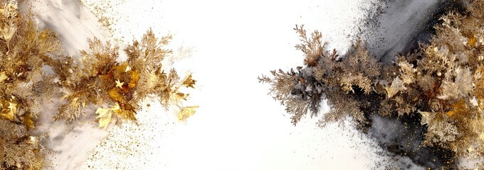 Abstract design with gold and grey/black clusters on a white background