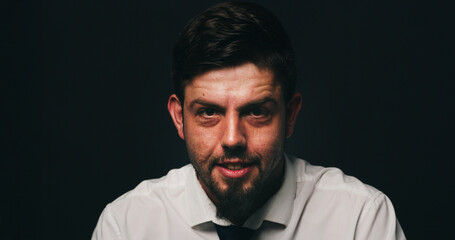 Portrait, business and man with smile in studio for career pride, about us and finance consultant. Happy, male person or mockup space with ambition, budget advice and opportunity on black background