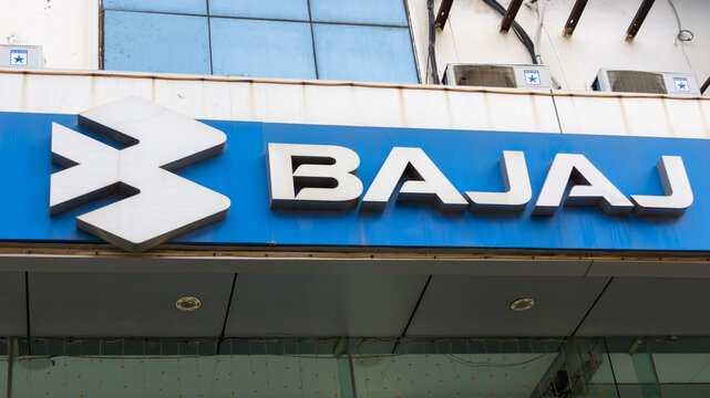 Showroom sign of Bajaj Auto Limited, Major manufacturer of motorcycles, scooters and auto rickshaws. Located in Bengaluru, India.
