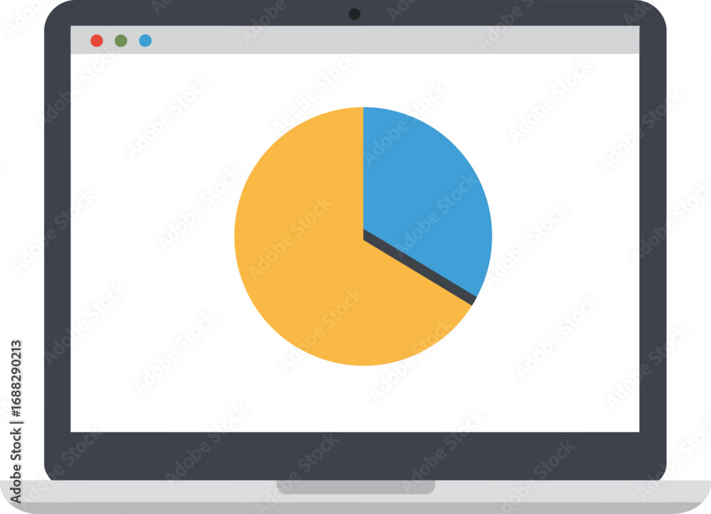 Poster a laptop screen displaying a pie chart with yellow and blue segments, representing data analysis.