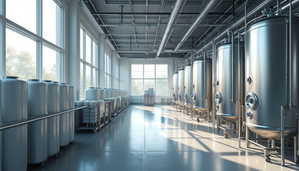 Modern food production facility large stainless steel fermentation tanks processing probiotic cultures. Advanced technology ensures controlled conditions for food manufacturing. Bright, clean