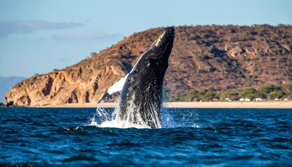 Fototapeta premium Whale breaching in ocean, mountain backdrop