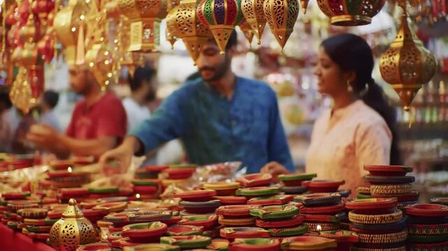 bustling Diwali market stall selling colorful diyas, lanterns, and decorations.