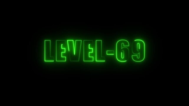 Neon green glowing text L E V E L 69 on black background futuristic digital display animation