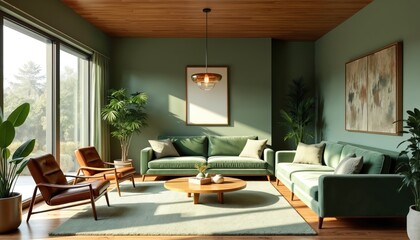 Fototapeta premium Mid-century modern living room features sage green walls, floor-to-ceiling windows, and natural light. Includes a wooden ceiling, pendant light, green velvet sofa, leather armchairs, and houseplants.