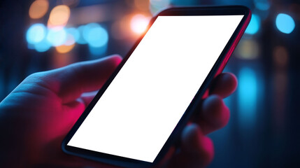 A person holds a mockup of a phone with a blank screen against a blurred cityscape on websites or blogs dedicated to mobile app design, technology, or social media. Style: photography.

