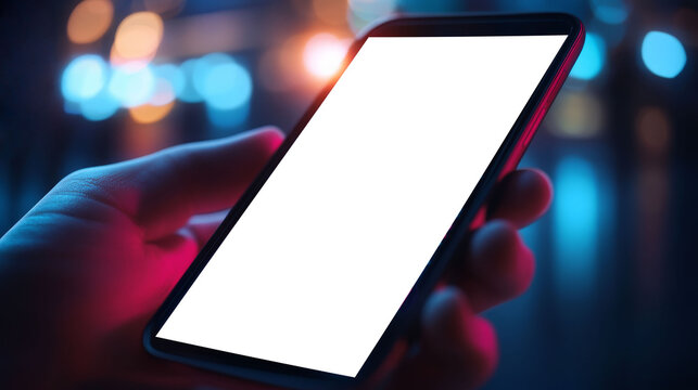 A person holds a mockup of a phone with a blank screen against a blurred cityscape on websites or blogs dedicated to mobile app design, technology, or social media. Style: photography.

 - Powered by Adobe