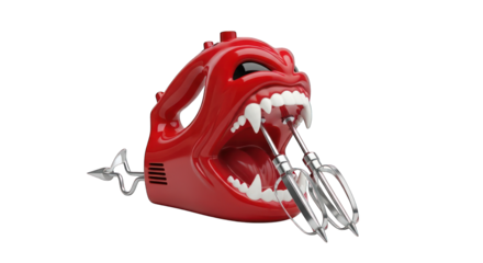 Angry red mixer with sharp teeth on transparent background