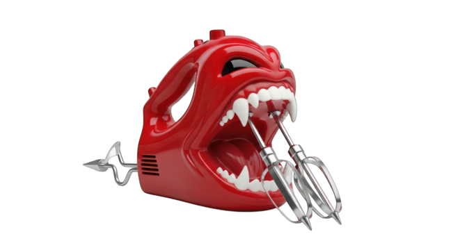Angry red mixer with sharp teeth on transparent background