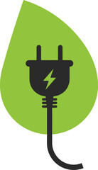 A black electrical plug with a lightning bolt symbol, set against a green leaf background.