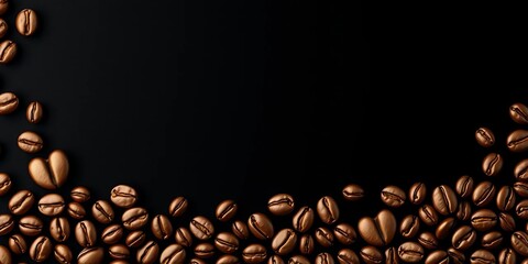 Abstract black background with bronze coffee beans and hearts forming a repeating pattern, surface, beans