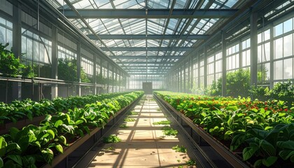 A spacious greenhouse, filled with vibrant plants, displays a tranquil and sunlit interior.
