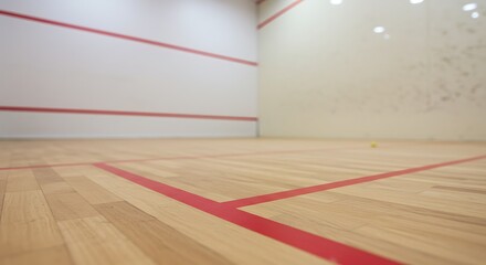 Mockup of empty squash court with wooden floor and red lines, ready for a game for commercial usage