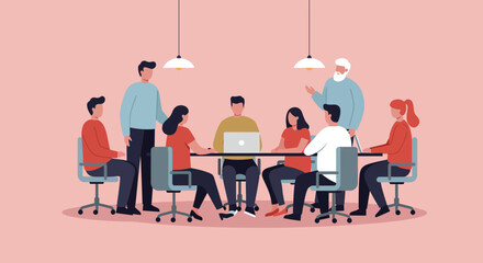An illustrated business meeting shows a diverse group of colleagues collaborating around a conference table, discussing ideas under warm lighting.