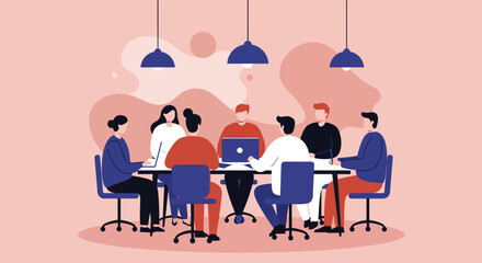 Diverse group of professionals collaborating around a conference table, discussing ideas and working together in a modern office setting.