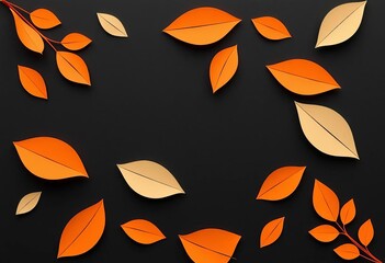 Abstract orange & beige leaf shapes, minimalist papercraft style on black background, illustration, background
