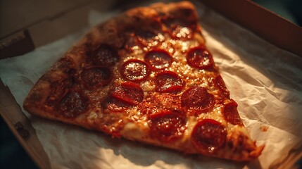 Large pepperoni pizza slice in cardboard box with warm lighting