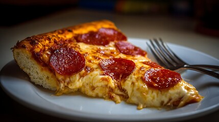 Thick crust pepperoni pizza slice with melted cheese on white plate and fork