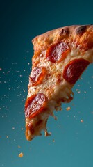 Flying slice of pepperoni pizza with crumbs on blue background