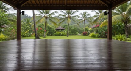 Mockup of open wooden pavilion overlooking lush tropical garden with palm trees and distant gazebo for commercial usage