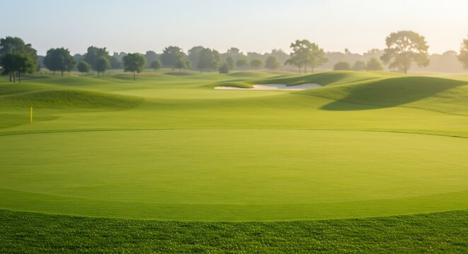 Mockup of lush green golf course fairway and putting green with sand trap and trees in soft morning light for commercial usage