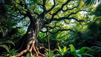 Ancient tree dominates lush, vibrant jungle, sunlight dappling leaves,  wallpaper,  fantasy