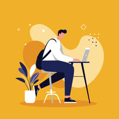 A focused man with a backpack diligently works on his laptop, representing remote work, education, and modern digital business lifestyle. Ideal for technology and productivity concepts.