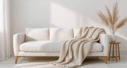 Obraz premium Serene Interior Scene with Textured Blanket and Dried Floral Arrangement Neutral Tones.