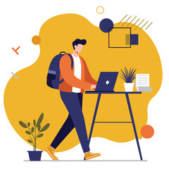 Man with backpack working on laptop at standing desk, embodying remote work, productivity, and a modern, flexible digital lifestyle. Perfect for business or education.