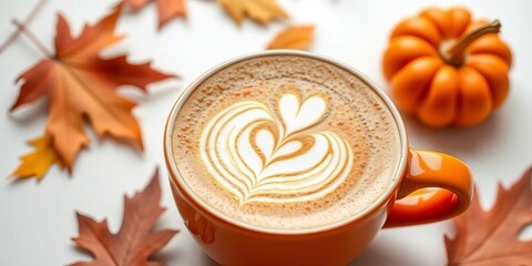 Autumn cappuccino in orange cup, latte art, pumpkin on white, foam, pumpkin