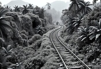 Black and white vector illustration of a dense, overgrown railway track snaking through a jungle landscape,  white,  illustration