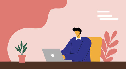 Modern man working efficiently on a laptop at a contemporary desk, representing digital business, remote work, and productive lifestyle.