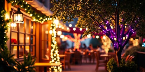 Bokeh lights illuminate cafe garland & tree on patio,  twinkling,  background
