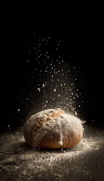 Fresh Flour Dusting Over Loaf of Bread, Cinematic Baking Close-Up, Hyper-Realistic Food Photography with Natural Texture and Soft Lighting
