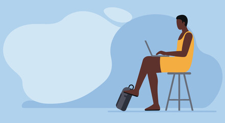 Focused individual in a yellow dress working remotely on a laptop with a travel bag. Illustrates flexible work, digital nomad lifestyle, and modern productivity.