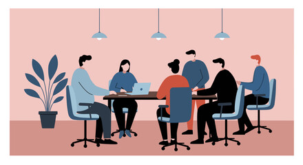 Business professionals meeting around a table, collaborating and discussing ideas in a modern office environment. Represents teamwork and corporate strategy.