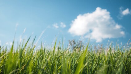 Serene Skyward View Through Lush Green Grass, Bathed in Soft, Natural Sunlight.