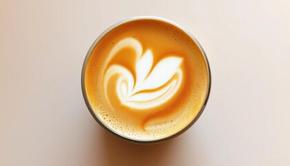 Cappuccino with delicate plane-shaped powder art on creamy foam, neutral background,  coffee cup,  foam