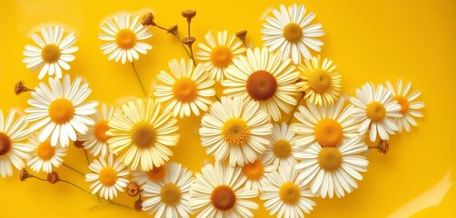 Chamomile flowers in water, yellow background, dried daisies, drink, blossom